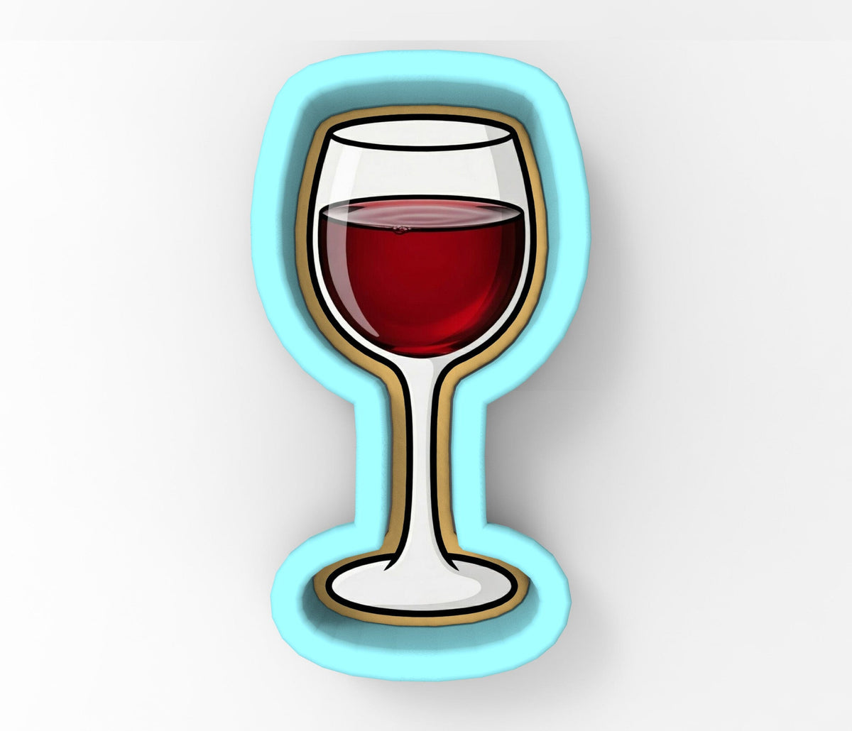A glass of red wine is depicted in a blue and gold cookie cutter.