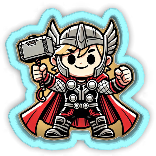 a sticker of a cartoon character holding a hammer