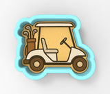 A golf cart cookie cutter in a light blue shape.