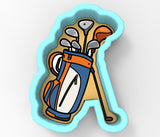 A golf bag with various clubs is depicted in the image.