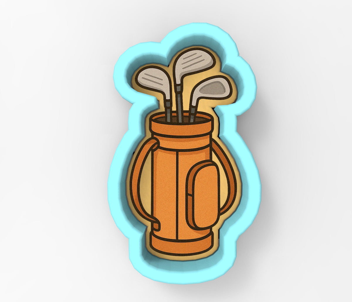 A golf bag filled with clubs, depicted in a cookie cutter shape.