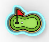 A 3D rendering of a golf hole with a red flag on top of a green field.