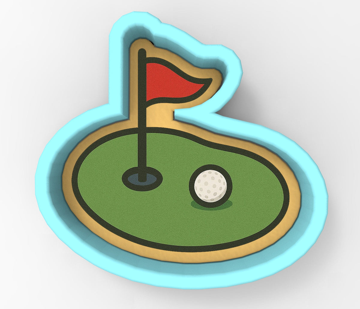 A 3D rendering of a golf hole with a red flag and a golf ball on the green surface.