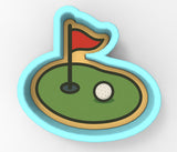 A 3D rendering of a golf hole with a red flag and a golf ball on the green surface.