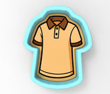 A cartoon-style illustration of a yellow polo shirt with brown sleeves, depicted in a cookie cutter shape.