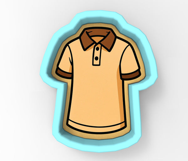 A cartoon-style illustration of a yellow polo shirt with brown sleeves, depicted in a cookie cutter shape.