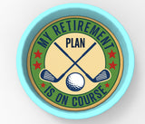 a golf-themed design with a clock-like shape and a golf club crossed over a golf ball.