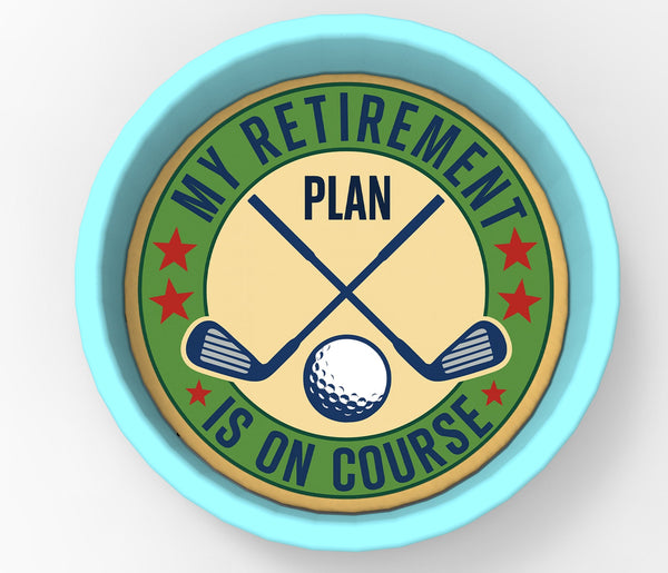 a golf-themed design with a clock-like shape and a golf club crossed over a golf ball.