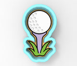 A golf ball and a golf club are depicted in the image.