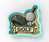 A golf-themed cookie cutter with a golf ball, club, and grass on a green background.