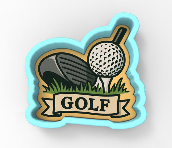 A golf-themed cookie cutter with a golf ball, club, and grass on a green background.