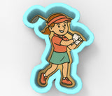 A 3D-rendered cartoon illustration of a female golfer holding a golf club and wearing a red cap and orange shirt.