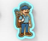 A cartoon image of a man wearing a blue cap and holding a golf bag, standing against a white background.