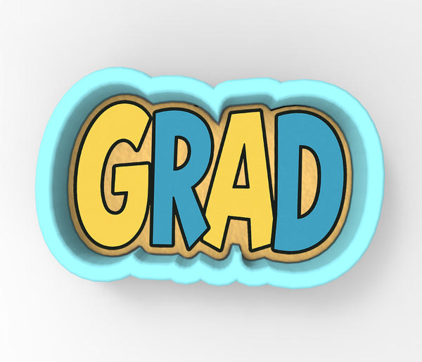 a blue and yellow word that says grad