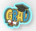 a graduation cap and diploma scroll with the word grad on it