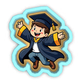 a boy in a graduation cap and gown jumping in the air