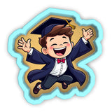 a boy in a graduation cap and gown jumping in the air