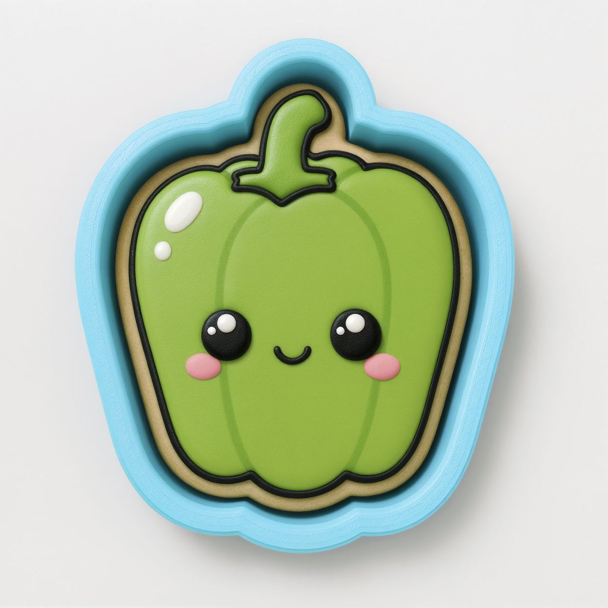 A green pepper cookie cutter with a cute face design.