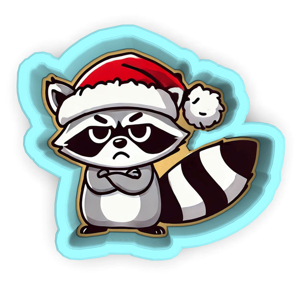 a raccoon wearing a santa hat and holding a surfboard