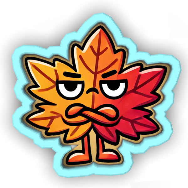 a sticker of a leaf with a frowning face