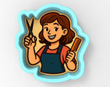A cartoon illustration of a woman holding a pair of scissors and a comb, smiling and appearing to be a hairdresser.