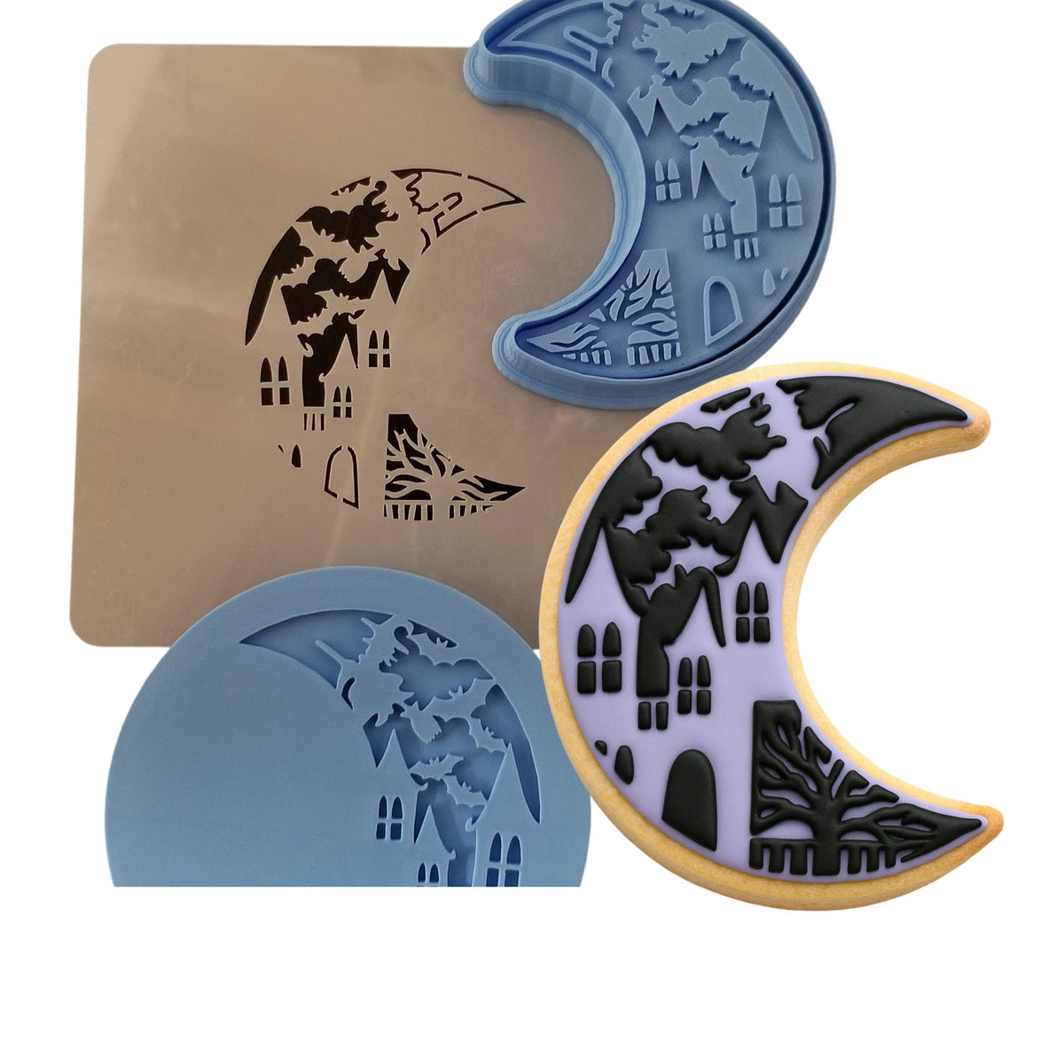 Halloween Moon Cookie Cutter | Stamp | Stencil #1 Halloween / Fall Cookie Cutter Lady MINI - 2 Inches (5cm) **FULL SET BUNDLE** Cutter + Stamp + Stencil + Debosser **BEST DEAL** 