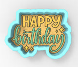 A 3D rendering of a birthday greeting with the text "HAPPY birthday" in a stylized font.