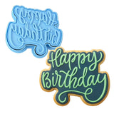 Happy Birthday Cookie Cutter | Stamp | Stencil #1 Mom / Dad / Bday / Party Cookie Cutter Lady MINI - 2 Inches (5cm) **BUNDLE** Cutter + Stamp 