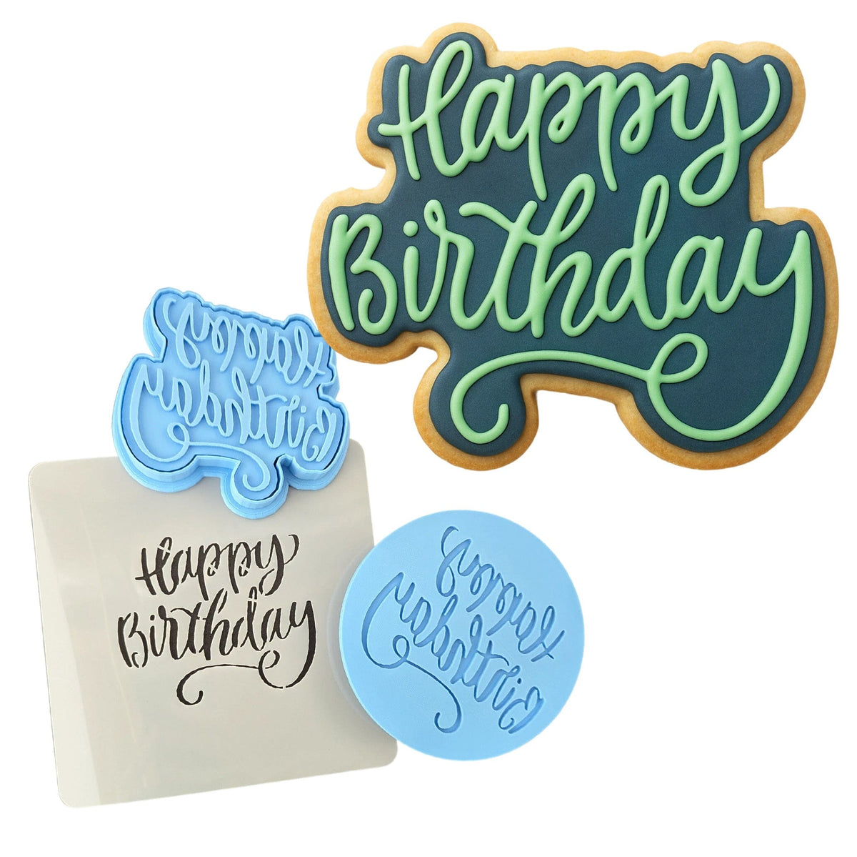Happy Birthday Cookie Cutter | Stamp | Stencil #1 Mom / Dad / Bday / Party Cookie Cutter Lady MINI - 2 Inches (5cm) **FULL SET BUNDLE** Cutter + Stamp + Stencil + Debosser **BEST DEAL** 
