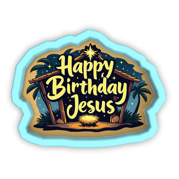 a happy birthday sticker with a nativity scene