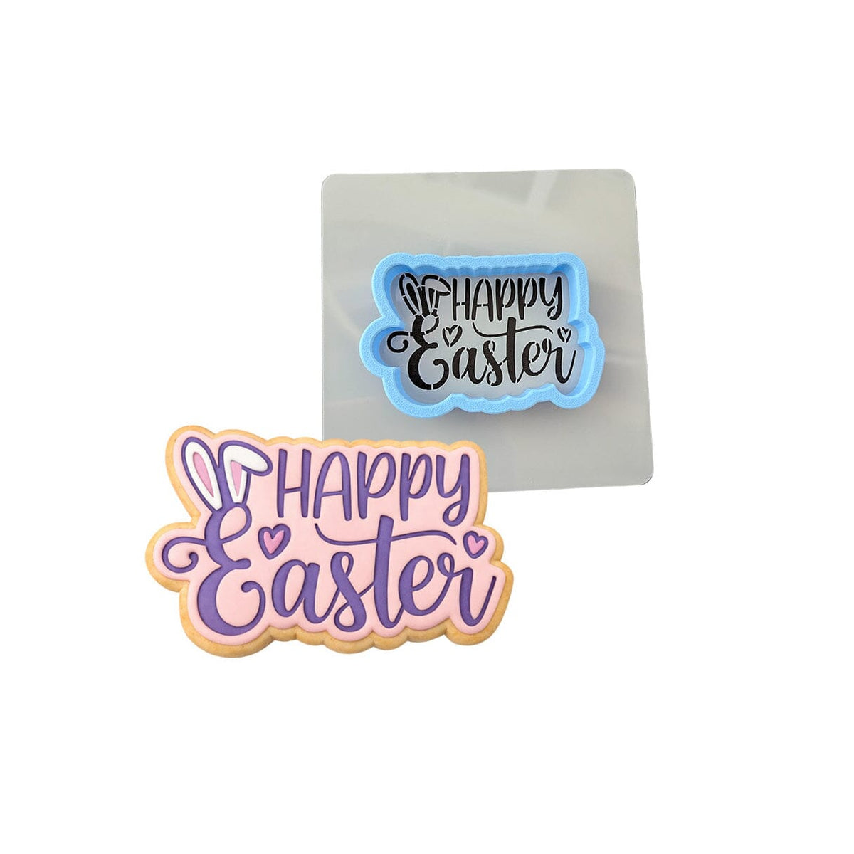 Happy Easter Bunny Ears Hearts Cookie Cutter | Stamp | Stencil Animals & Dinosaurs Cookie Cutter Lady MINI - 2 Inches (5cm) **BUNDLE** Cutter + Stencil 
