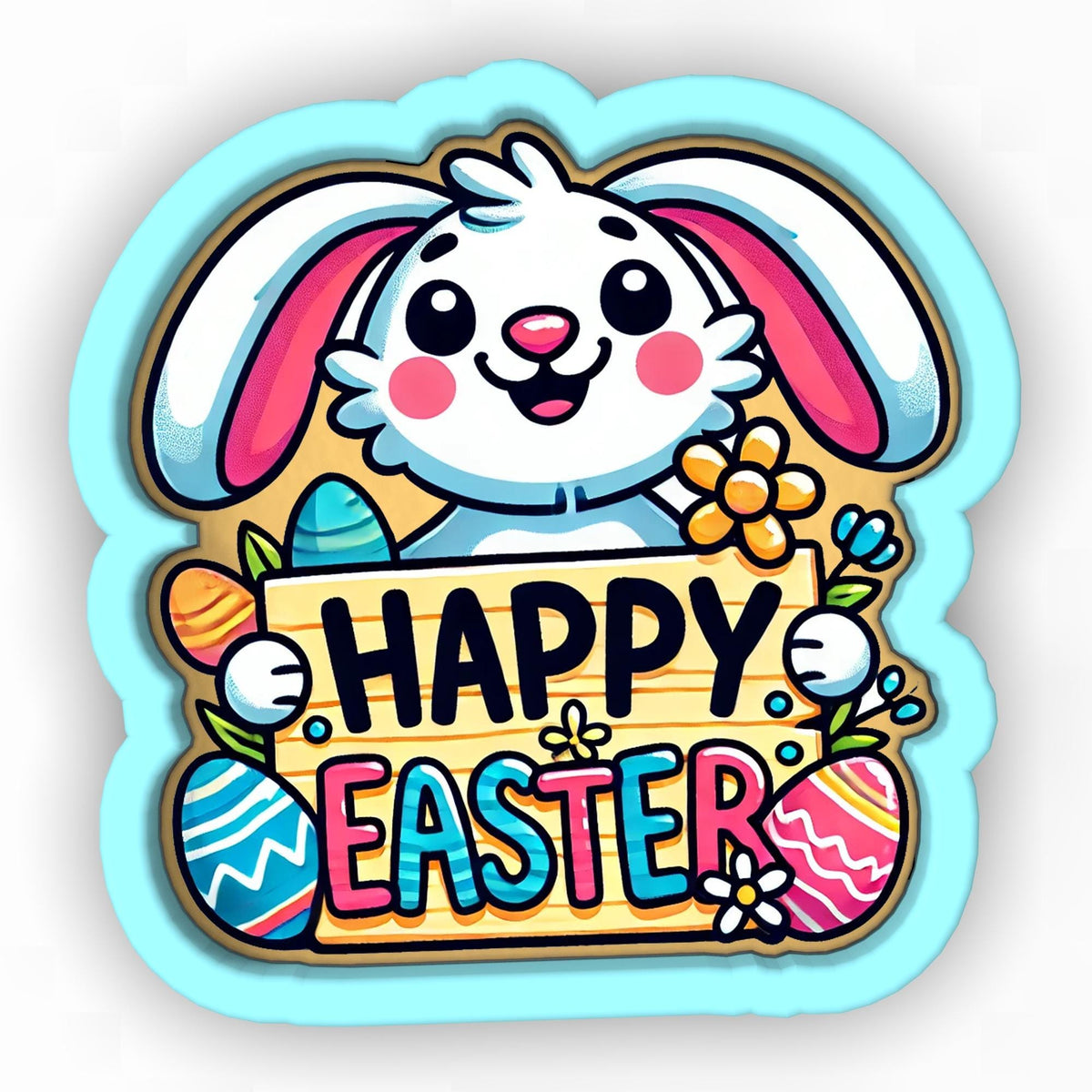 a sticker of a bunny holding a sign that says happy easter
