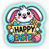 a sticker of a bunny holding a sign that says happy easter