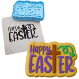 a cookie with the words happy easter and a cookie with the word happy easter