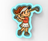 A cartoon illustration of a young girl swinging a golf club.