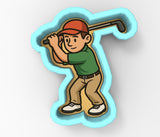 A cartoon illustration of a young boy holding a golf club and preparing to swing.