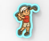A cartoon illustration of a young boy holding a golf club and swinging it, wearing a red shirt and a white cap.