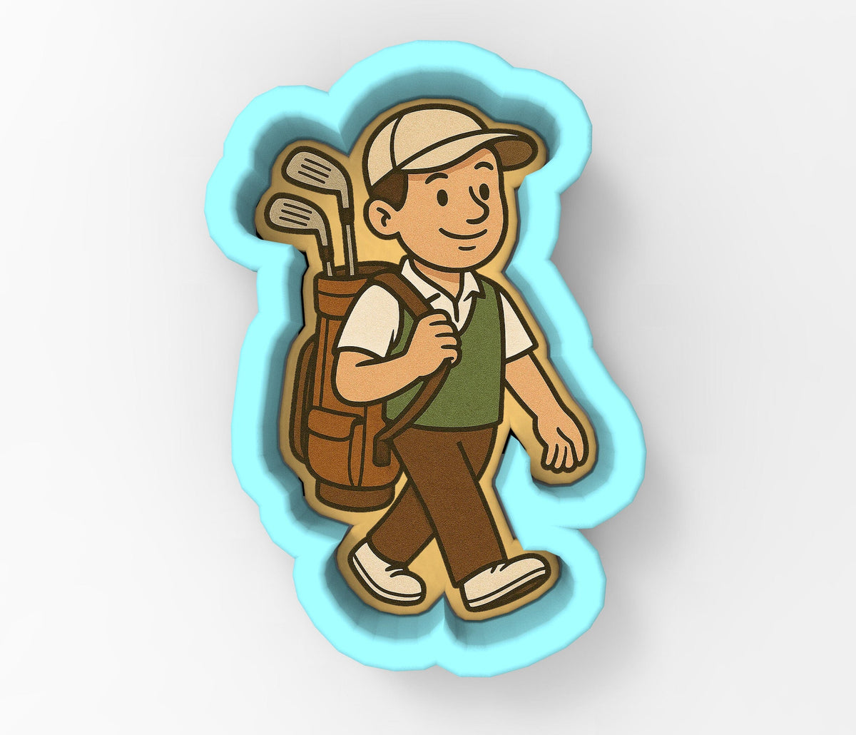 A cartoon image of a man carrying a golf bag and walking on a path.