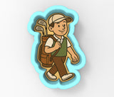 A cartoon image of a man carrying a golf bag and walking on a path.