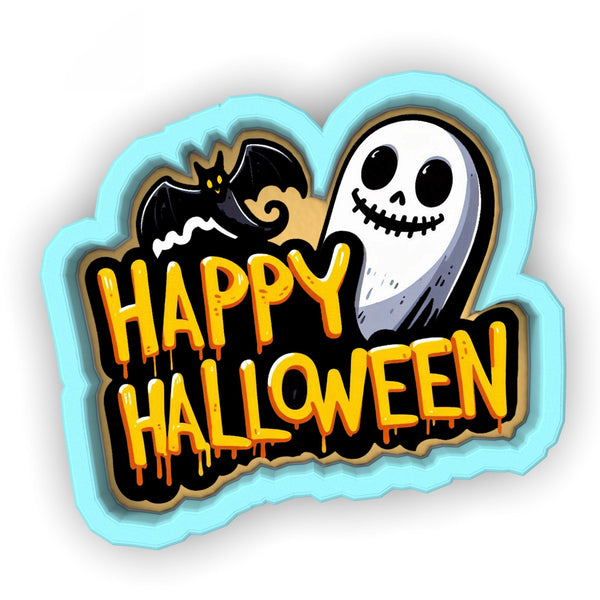 a happy halloween sticker with a ghost and a bat