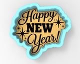 A 3D rendering of a cookie cutter-shaped design with the text "Happy New Year!" written on it.