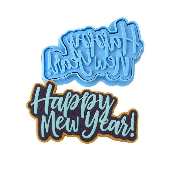 Happy New Year Cookie Cutter | Stamp | Stencil #1 Xmas / Winter / NYE Cookie Cutter Lady MINI - 2 Inches (5cm) **BUNDLE** Cutter + Stamp 