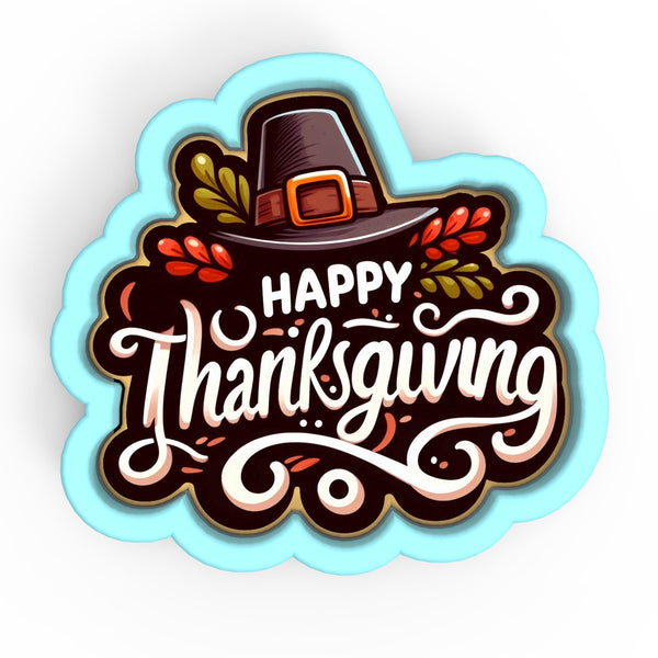 a happy thanksgiving sticker with a hat on it