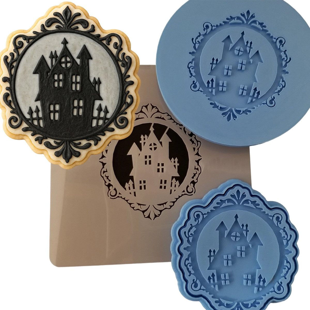 Haunted House Frame Cookie Cutter | Stamp | Stencil #1 Halloween / Fall Cookie Cutter Lady MINI - 2 Inches (5cm) **FULL SET BUNDLE** Cutter + Stamp + Stencil + Debosser **BEST DEAL** 