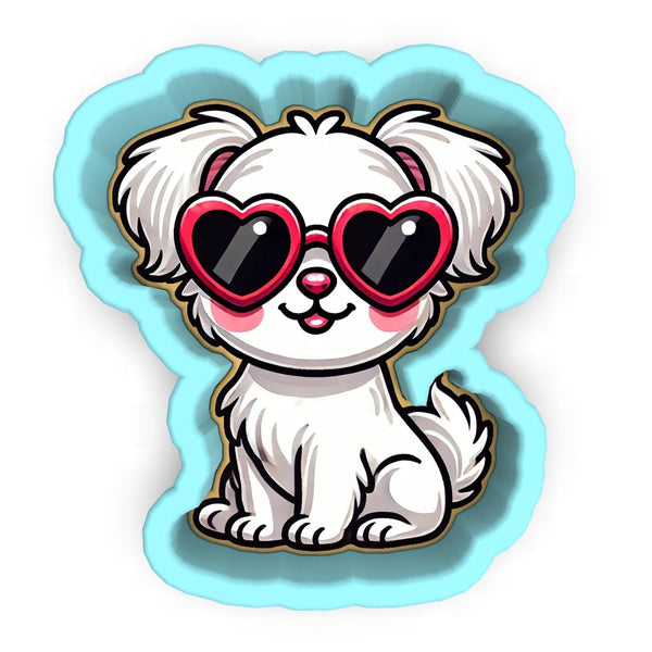 a white dog wearing heart shaped sunglasses