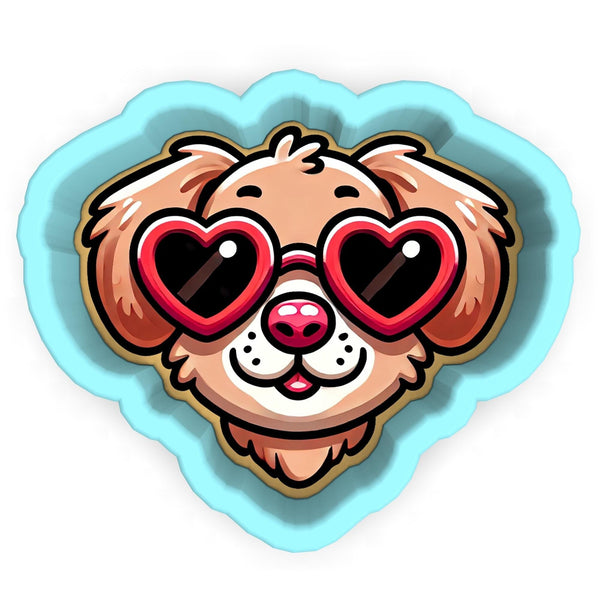 a sticker of a dog with heart shaped glasses