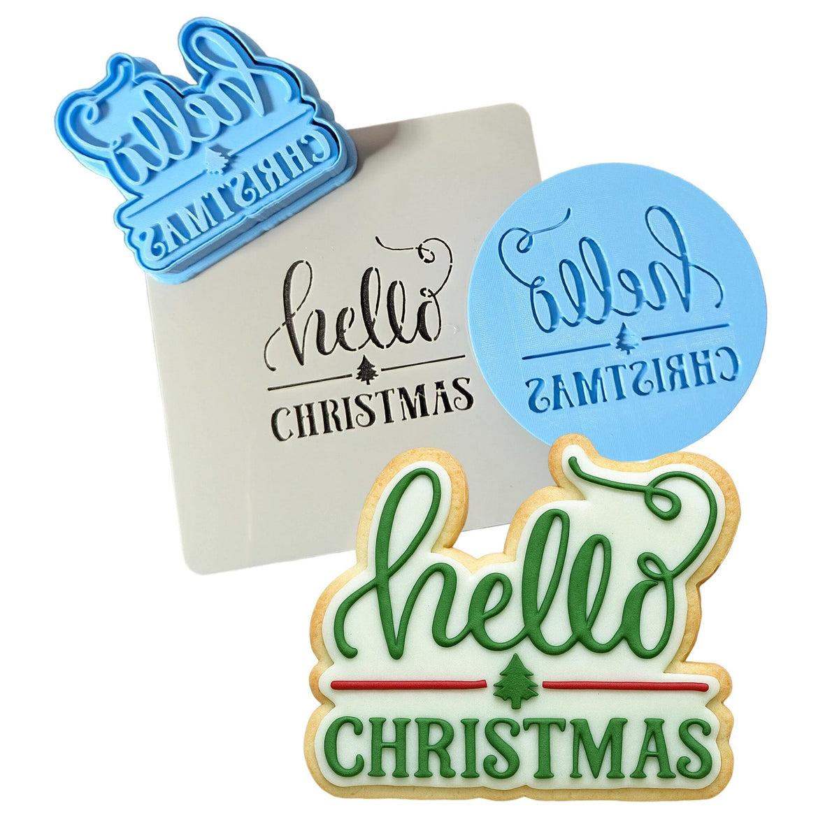 Hello Christmas Cookie Cutter | Stamp | Stencil #1 Xmas / Winter / NYE Cookie Cutter Lady MINI - 2 Inches (5cm) **FULL SET BUNDLE** Cutter + Stamp + Stencil + Debosser **BEST DEAL** 