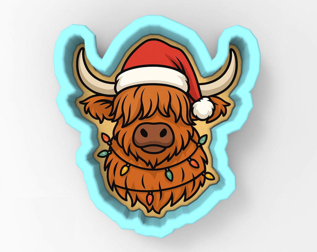 A cartoon illustration of a cow wearing a Santa hat and a garland of lights around its neck.