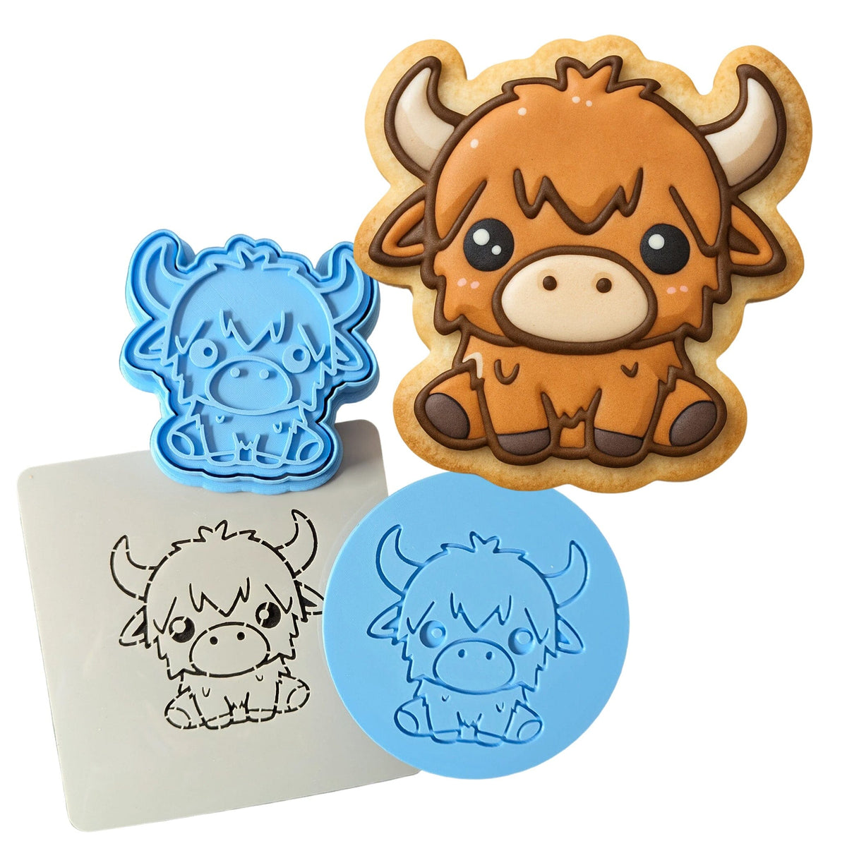 Highland Cow Cute Cookie Cutter | Stamp | Stencil #1 Easter / Spring / Flower Cookie Cutter Lady MINI - 2 Inches (5cm) **FULL SET BUNDLE** Cutter + Stamp + Stencil + Debosser **BEST DEAL** 
