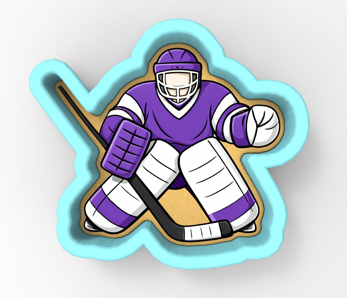 A cartoon illustration of a hockey goalie in a purple jersey and white pads, holding a hockey stick and ready to defend the goal.